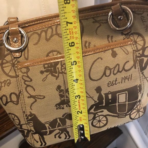 COACH Tan Horse Carriage Embroidered Canvas Brown Leather Crossbody Shoulder Bag - Picture 7 of 16
